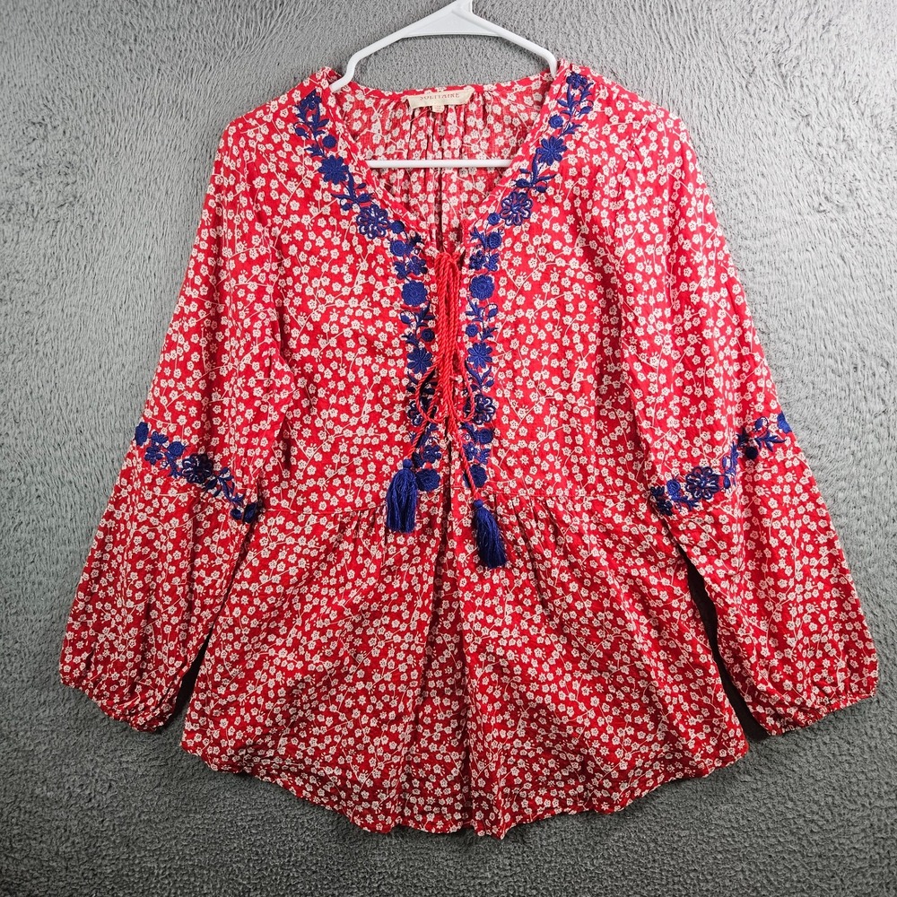 Solitaire Anthropologie Top Blouse Women Medium Tie Neck‎ w Tassel Floral Red